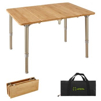 ATEPA Bamboo Folding 4-Fold Adjustable Height  Camping Picnic Portable Table